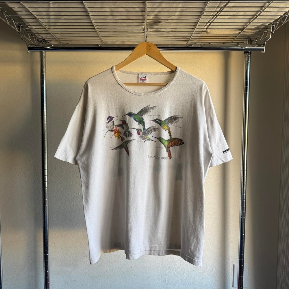 Vintage Anvil Hummingbird Graphic Tee Cream Nature Print 90s Single Stitch XL